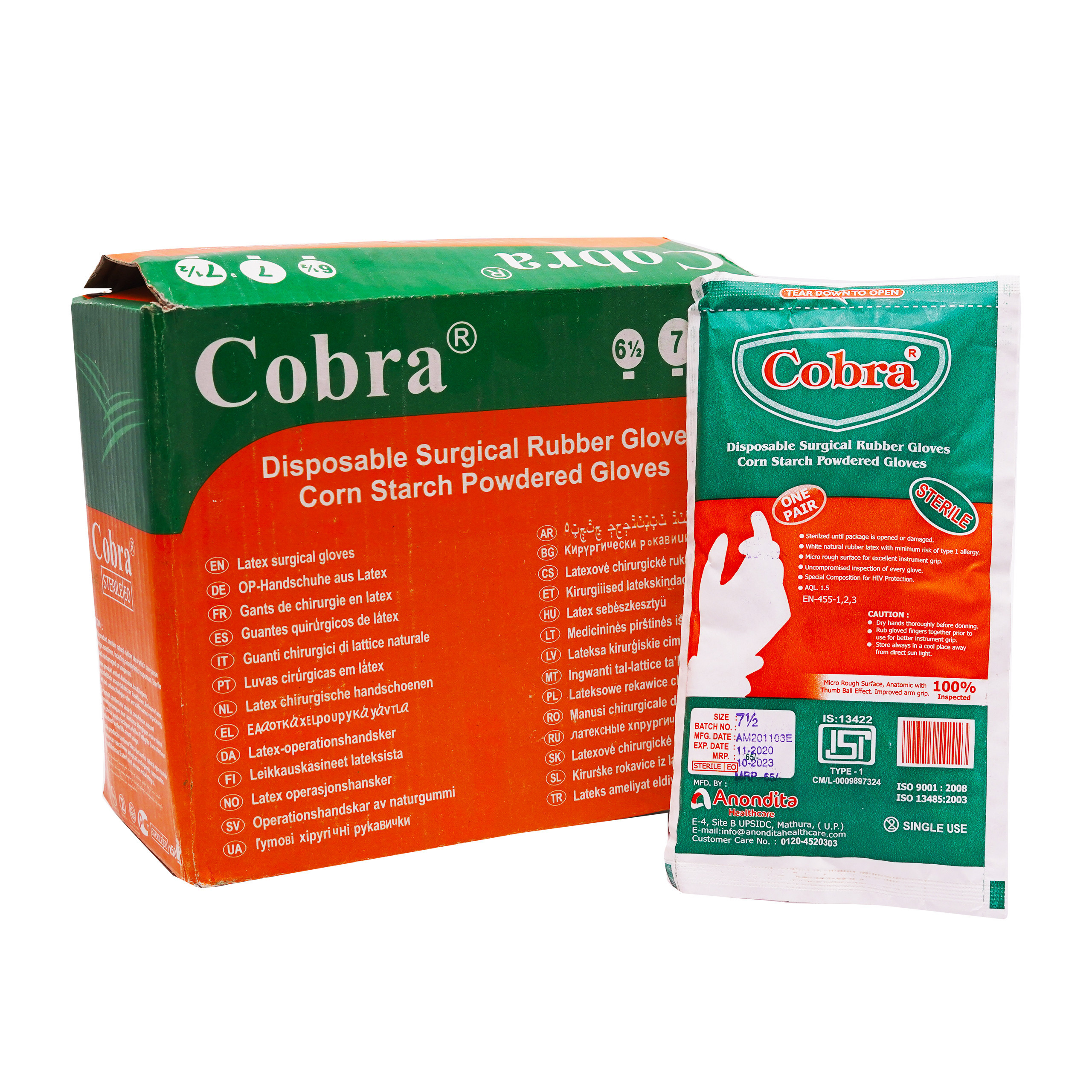 Cobra Disposable Surgical Rubber Gloves (Corn Starch Powdered Gloves) 50pcs Sterilized with Latex Examination Gloves 100 pcs Free