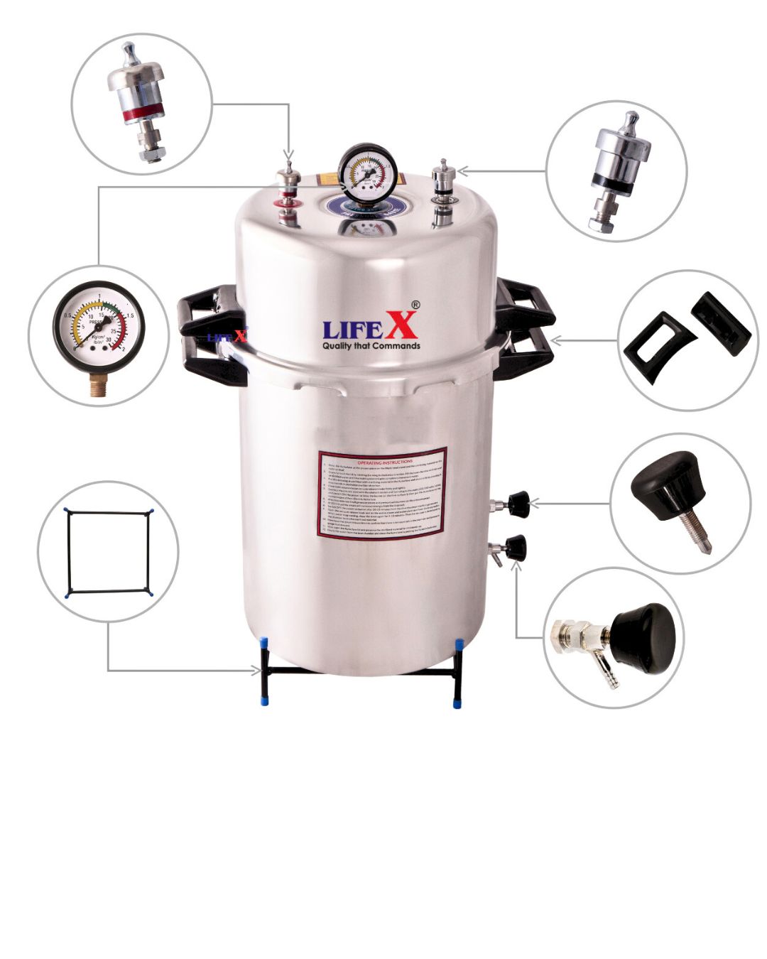 LIFEX Autoclave Sterilizer 40 Litre (12"Dia. X 22''H) Deluxe | CDSCO Class C License | Aluminum Mirror Finish Electric Autoclave Cooker Type To Sterilize Medical Equipment