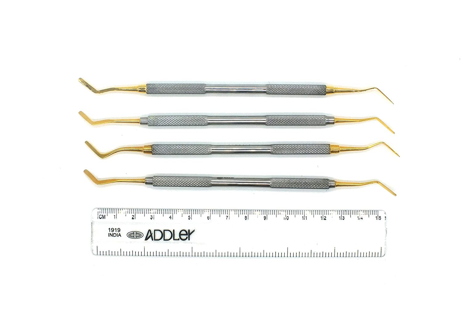 ADDLER Composite Resin Placement Plastic Filling Golden Handle Serrated Dull Finish, No Slip, 6MM Solid Handle. Set Of 4, 2.0, 2.5, 3.0, 3.5 MM.