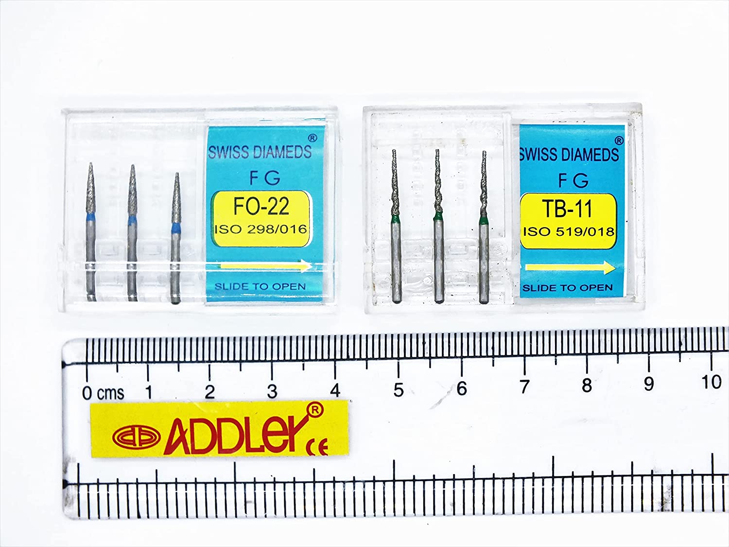 SWISS DIA DENTAL FG DIAMOND COATED BURS FO-22 & TB-11 HIGH SPEED 2 PACK OF 6 BURS TOTAL.