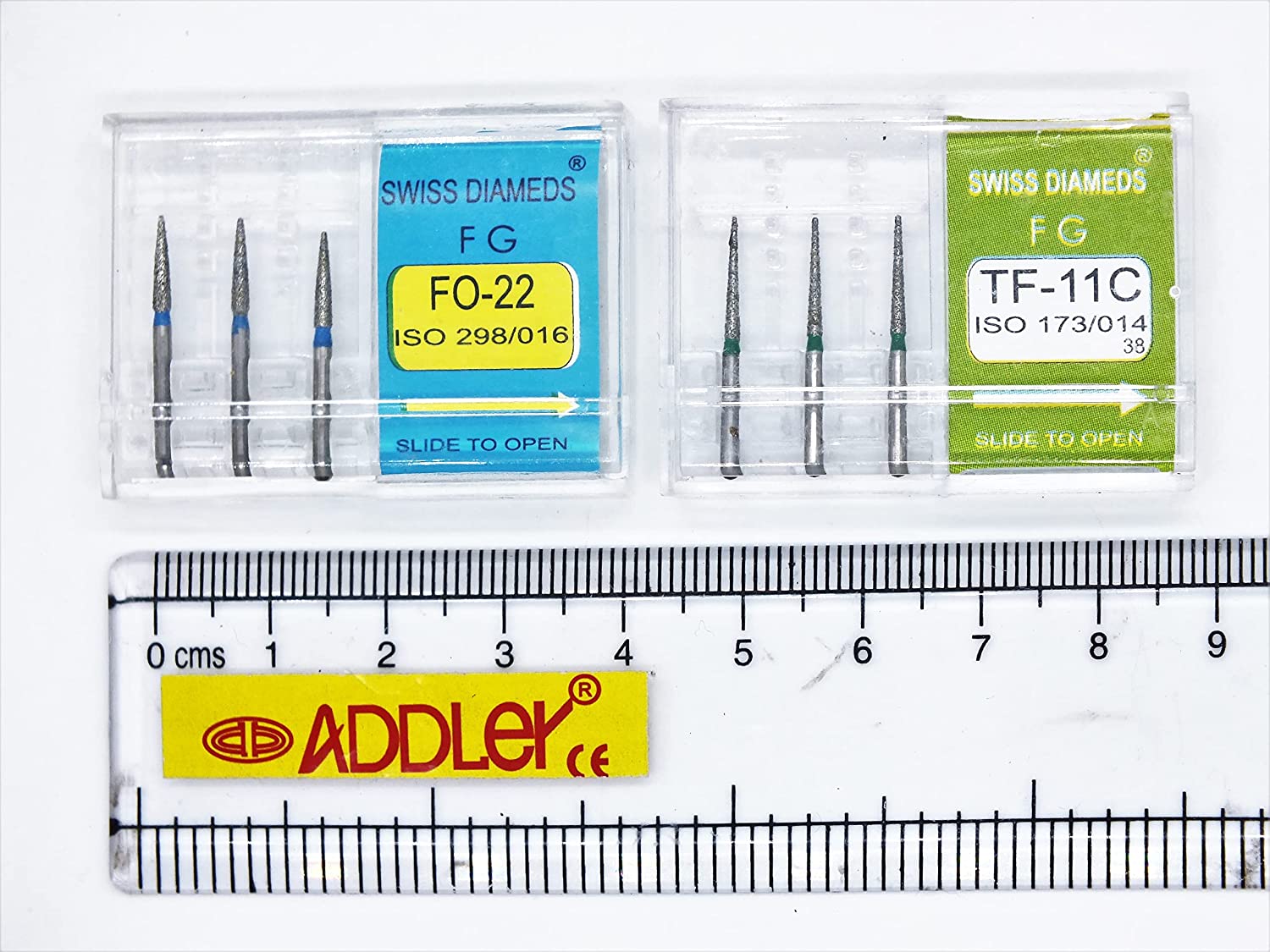 SWISS DIA DENTAL FG DIAMOND COATED BURS FO-22 & TF-11C HIGH SPEED 2 PACK OF 6 BURS TOTAL.