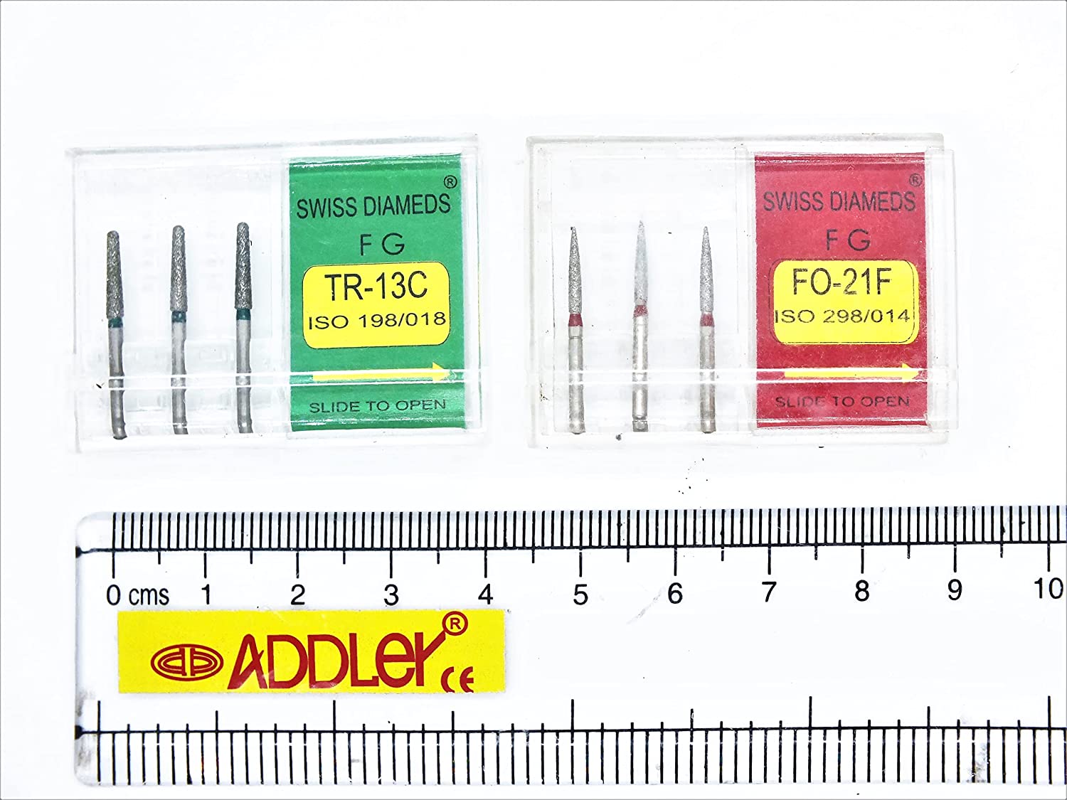 SWISS DIA DENTAL FG DIAMOND COATED BURS TR-13C & FO-21F HIGH SPEED 2 PACK OF 6 BURS TOTAL.