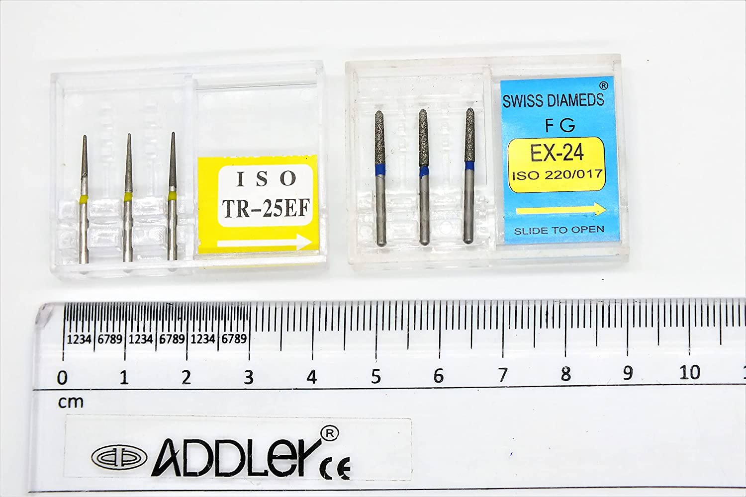 DENTAL DIAMOND BUR TR-25EF & EX-24 FG AIR ROTOR REDUCER SWISS DIA PREMIUM BURS. EXCELLENT DIAMOND GRAINS FOR HIGH SPEED ROTOR. PACK OF 3 BURS