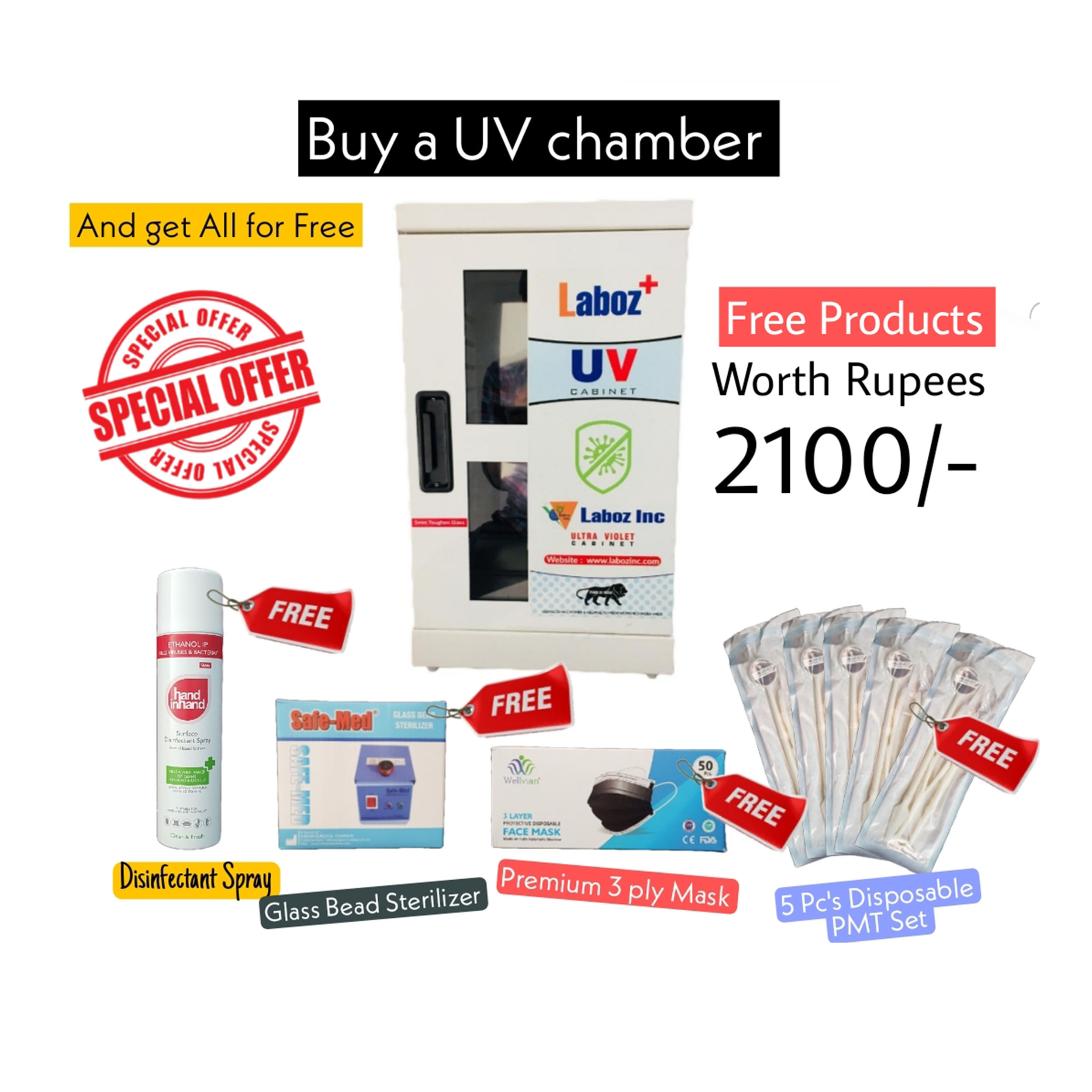 LABOZ PLUS UV Chamber (1) + Disposable PMT set (5) +3 Ply Mask (1) +Glass Bead Sterilizer (1) + Surface Disinfectant (1)